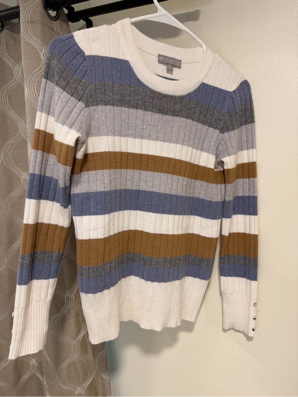 Revolution Cream, Blue, Gray & Brown Striped Ribbed Crewneck Sweater